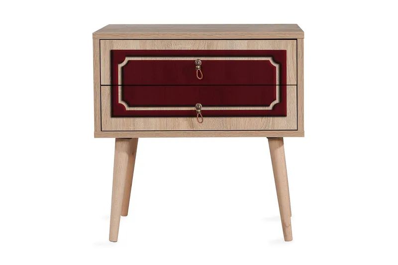 Brokind Sängbord 60 cm med Förvaring 2 Lådor Dekor - Natur/Röd - Möbler - Sovrum - Sängbord