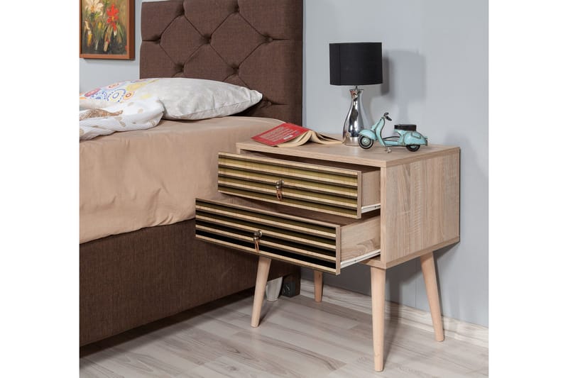 Brokind Sängbord 60 cm med Förvaring 2 Lådor Ränder - Natur - Möbler - Sovrum - Sängbord