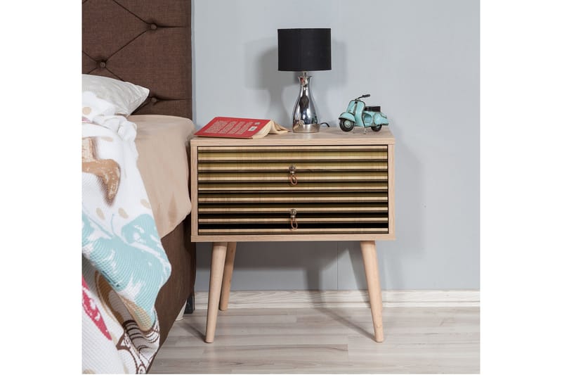 Brokind Sängbord 60 cm med Förvaring 2 Lådor Ränder - Natur - Möbler - Sovrum - Sängbord