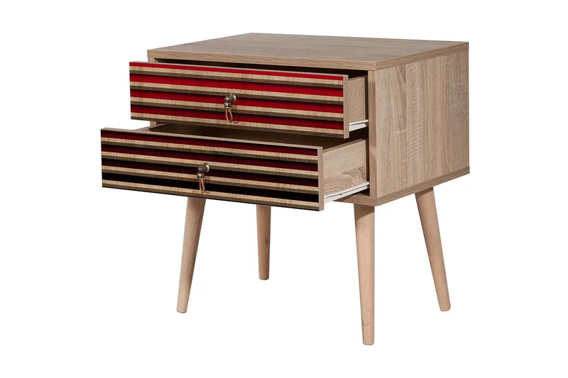 Brokind Sängbord 60 cm med Förvaring 2 Lådor Ränder - Natur/Röd - Möbler - Sovrum - Sängbord