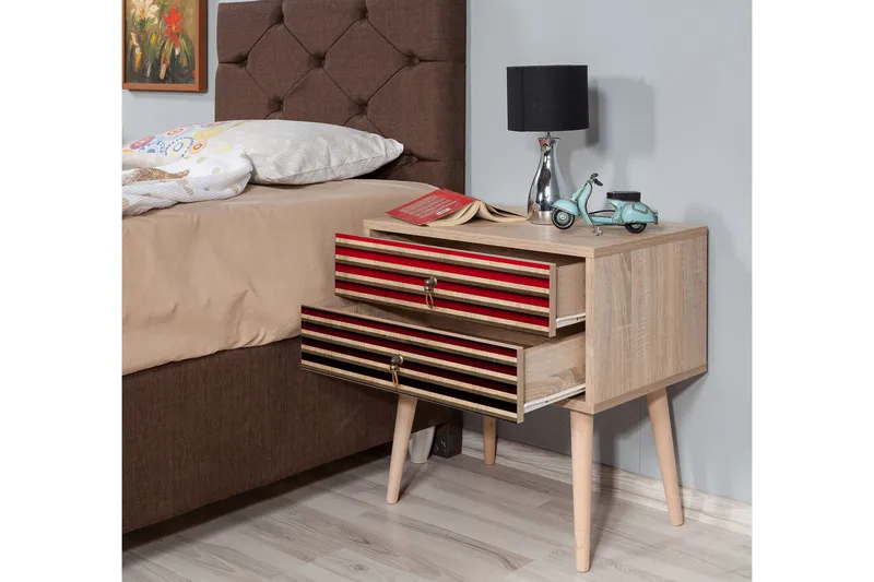 Brokind Sängbord 60 cm med Förvaring 2 Lådor Ränder - Natur/Röd - Möbler - Sovrum - Sängbord