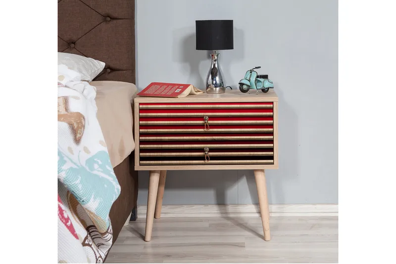 Brokind Sängbord 60 cm med Förvaring 2 Lådor Ränder - Natur/Röd - Möbler - Sovrum - Sängbord