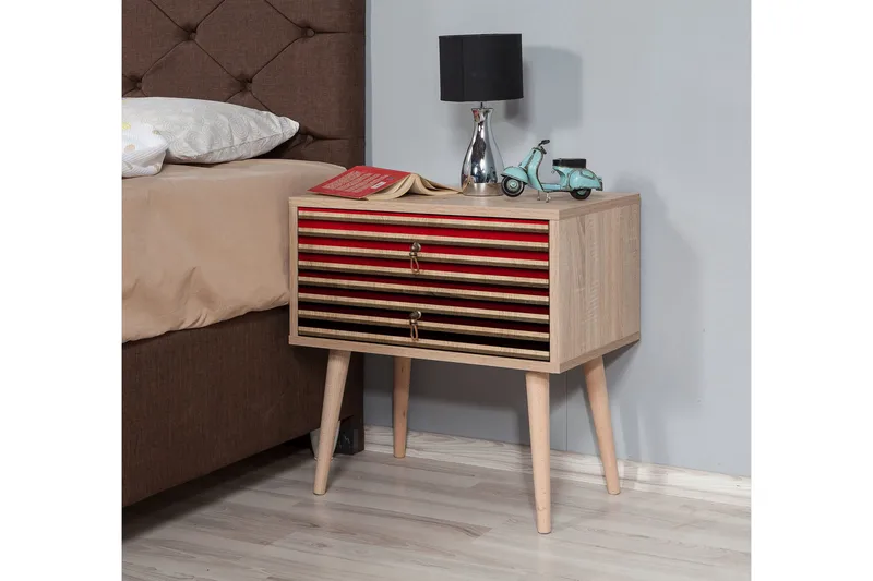 Brokind Sängbord 60 cm med Förvaring 2 Lådor Ränder - Natur/Röd - Möbler - Sovrum - Sängbord