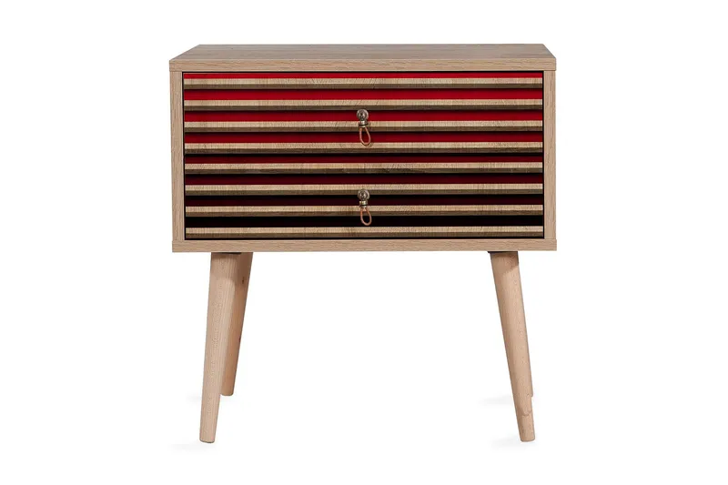Brokind Sängbord 60 cm med Förvaring 2 Lådor Ränder - Natur/Röd - Möbler - Sovrum - Sängbord