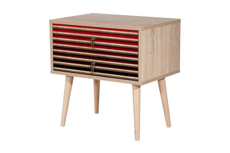 Brokind Sängbord 60 cm med Förvaring 2 Lådor Ränder - Natur/Röd - Möbler - Sovrum - Sängbord