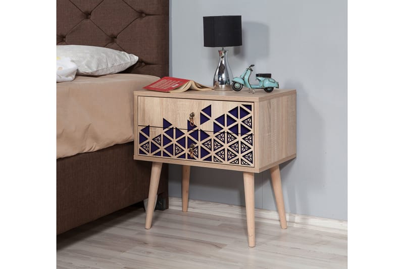 Brokind Sängbord 60 cm med Förvaring 2 Lådor Trianglar - Natur/Blå - Möbler - Sovrum - Sängbord