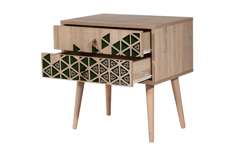 Brokind Sängbord 60 cm med Förvaring 2 Lådor Trianglar - Natur/Grön - Möbler - Sovrum - Sängbord