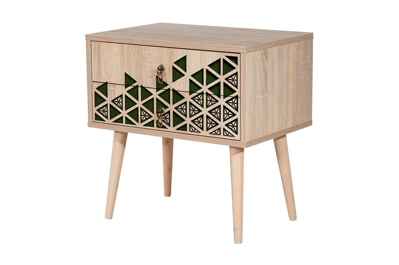 Brokind Sängbord 60 cm med Förvaring 2 Lådor Trianglar - Natur/Grön - Möbler - Sovrum - Sängbord