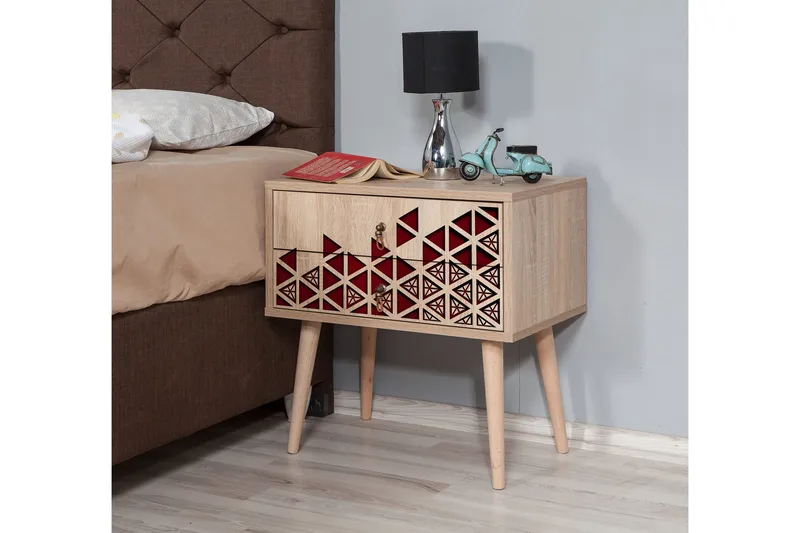 Brokind Sängbord 60 cm med Förvaring 2 Lådor Trianglar - Natur/Röd - Möbler - Sovrum - Sängbord