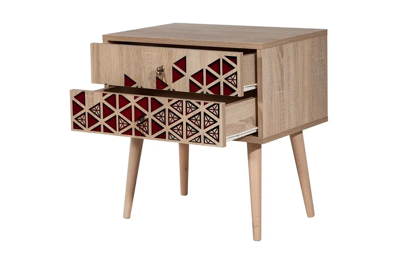 Brokind Sängbord 60 cm med Förvaring 2 Lådor Trianglar - Natur/Röd - Möbler - Sovrum - Sängbord