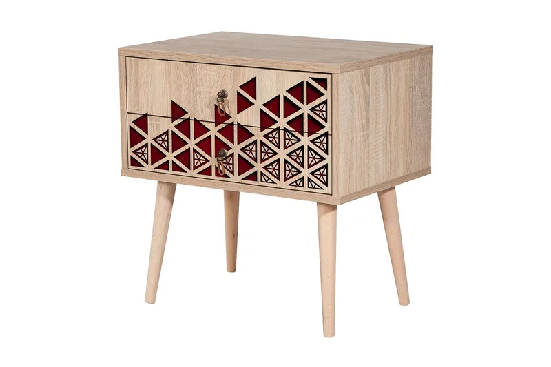 Brokind Sängbord 60 cm med Förvaring 2 Lådor Trianglar - Natur/Röd - Möbler - Sovrum - Sängbord