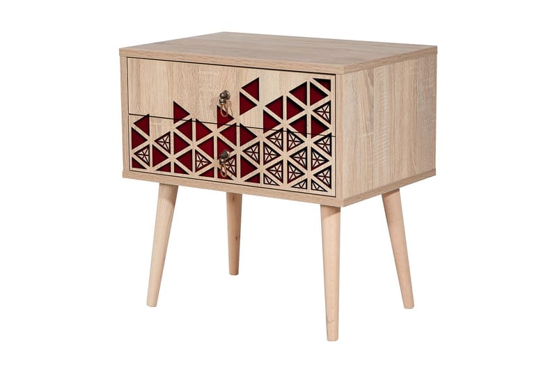 Brokind Sängbord 60 cm med Förvaring 2 Lådor Trianglar - Natur/Röd - Möbler - Sovrum - Sängbord