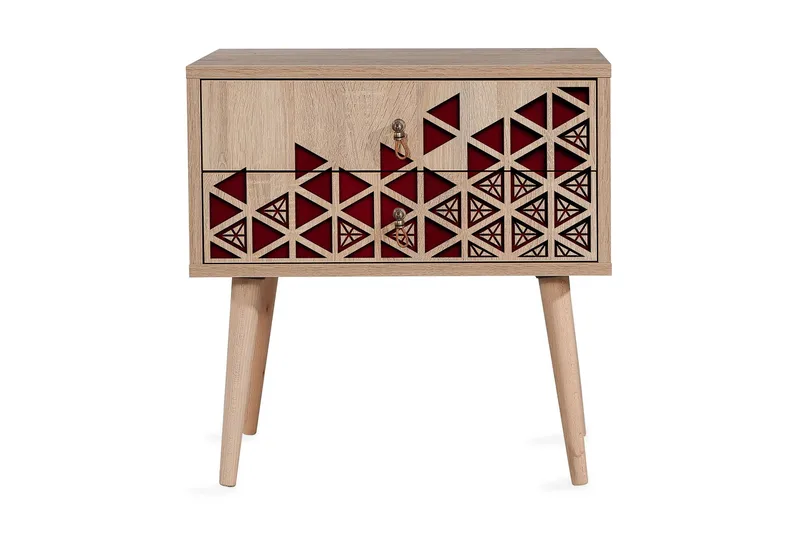 Brokind Sängbord 60 cm med Förvaring 2 Lådor Trianglar - Natur/Röd - Möbler - Sovrum - Sängbord