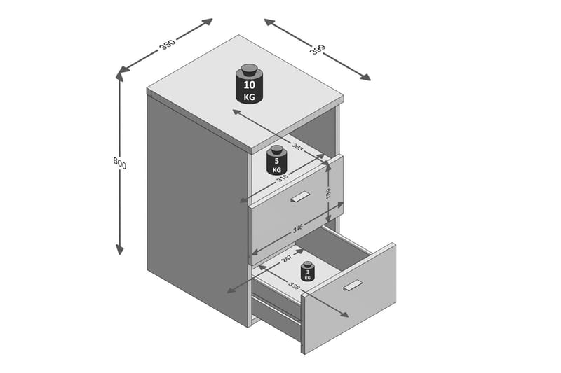 Colima Sängbord 35 cm med Förvaring 2 Lådor + Hylla - Grå - Möbler - Sovrum - Sängbord