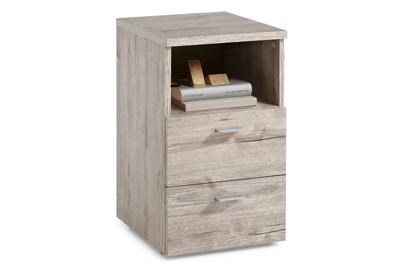 Colima Sängbord 35 cm med Förvaring 2 Lådor + Hylla - Grå/Natur - Möbler - Sovrum - Sängbord