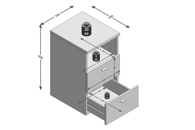 Colima Sängbord 35 cm med Förvaring 2 Lådor + Hylla - Svart - Möbler - Sovrum - Sängbord
