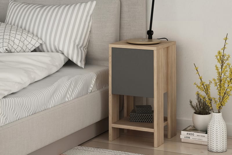 CORALEE Sängbord 30 cm med Förvaring Hylla + Lucka Ekfärg/Mö - Ek/Mörkgrå - Möbler - Sovrum - Sängbord