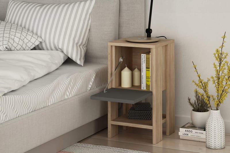 CORALEE Sängbord 30 cm med Förvaring Hylla + Lucka Ekfärg/Mö - Ek/Mörkgrå - Möbler - Sovrum - Sängbord