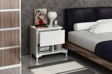 Decorotika Sängbord 46 cm med Förvaring Låda + Hyllor Ben - Vit - Möbler - Sovrum - Sängbord