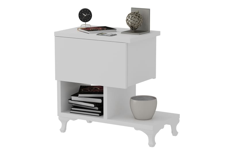Decorotika Sängbord 46 cm med Förvaring Låda + Hyllor Ben - Vit - Möbler - Sovrum - Sängbord