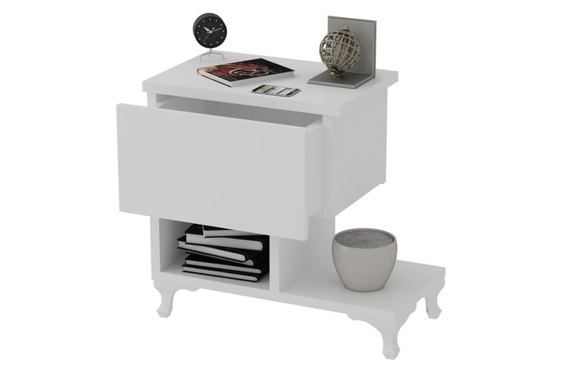 Decorotika Sängbord 46 cm med Förvaring Låda + Hyllor Ben - Vit - Möbler - Sovrum - Sängbord