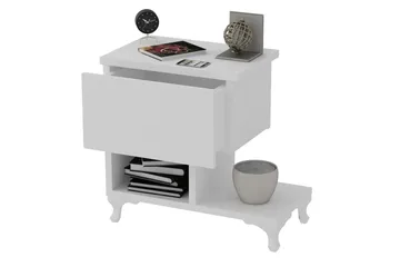 Decorotika Sängbord 46 cm med Förvaring Låda + Hyllor Ben - Vit - Möbler - Sovrum - Sängbord