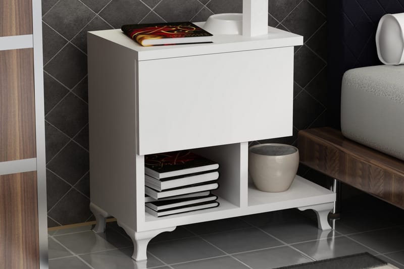 Decorotika Sängbord 46 cm med Förvaring Låda + Hyllor Ben - Vit - Möbler - Sovrum - Sängbord