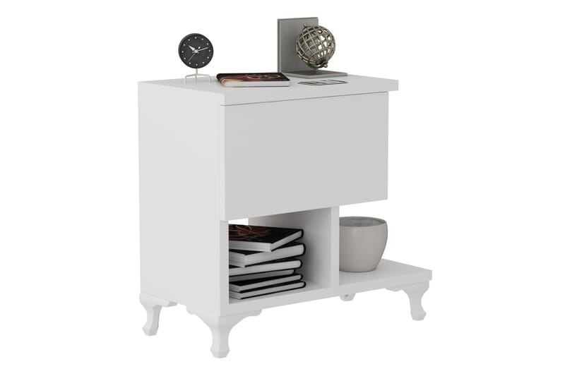 Decorotika Sängbord 46 cm med Förvaring Låda + Hyllor Ben - Vit - Möbler - Sovrum - Sängbord