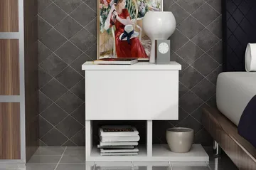 Decorotika Sängbord 46 cm med Förvaring Låda + Hyllor - Vit - Möbler - Sovrum - Sängbord