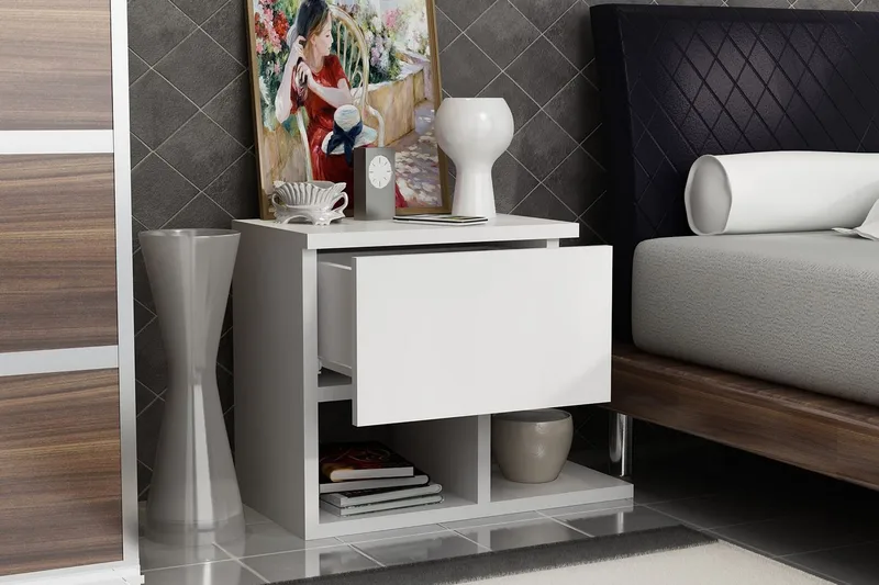 Decorotika Sängbord 46 cm med Förvaring Låda + Hyllor - Vit - Möbler - Sovrum - Sängbord