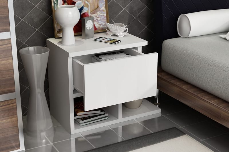 Decorotika Sängbord 46 cm med Förvaring Låda + Hyllor - Vit - Möbler - Sovrum - Sängbord