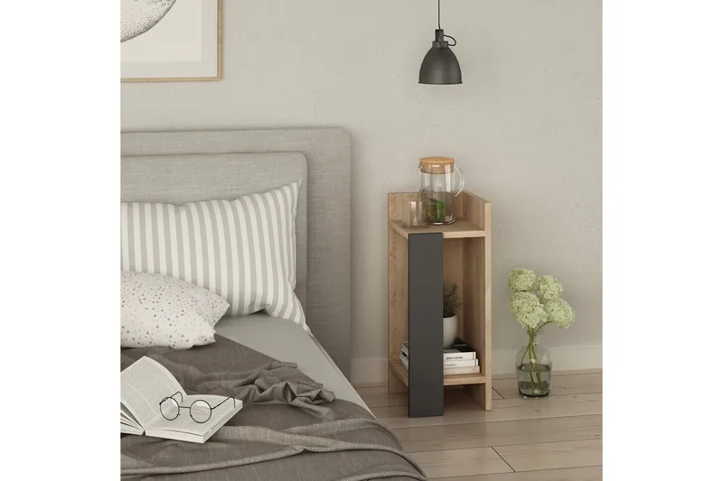 Decorta Sängbord 27 cm med Förvaring Hyllor + Luckor Höger - Brun/Grå - Möbler - Sovrum - Sängbord