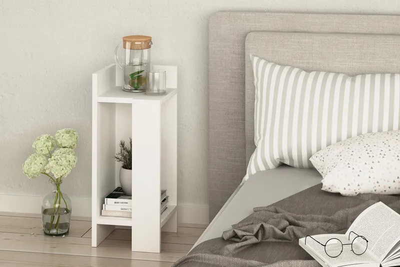 Decorta Sängbord 27 cm med Förvaring Hyllor + Luckor Vänster - Extra Vit - Möbler - Sovrum - Sängbord