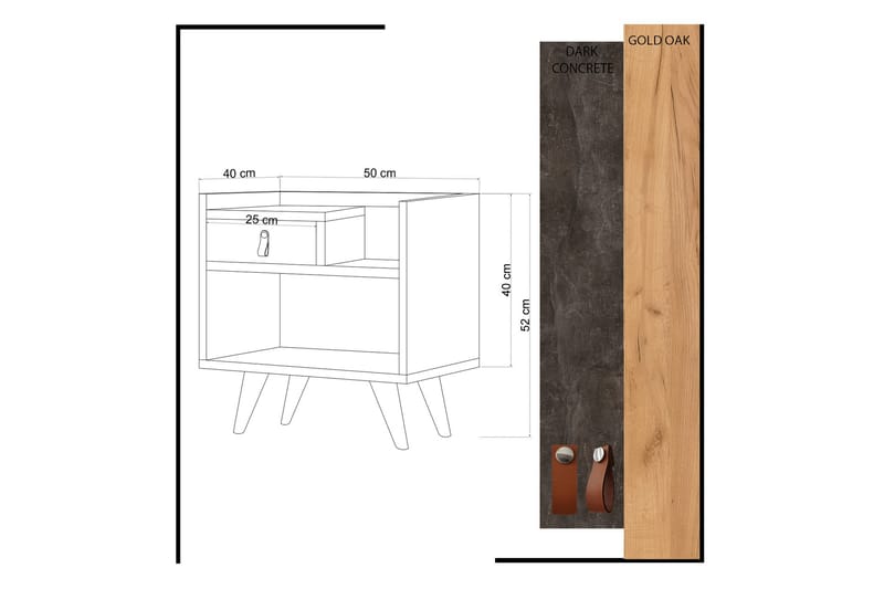 ELLINA Sängbord 50 cm m Förvaring Låda+Hylla Läderbeslag Grå - Grå/Trä - Möbler - Sovrum - Sängbord
