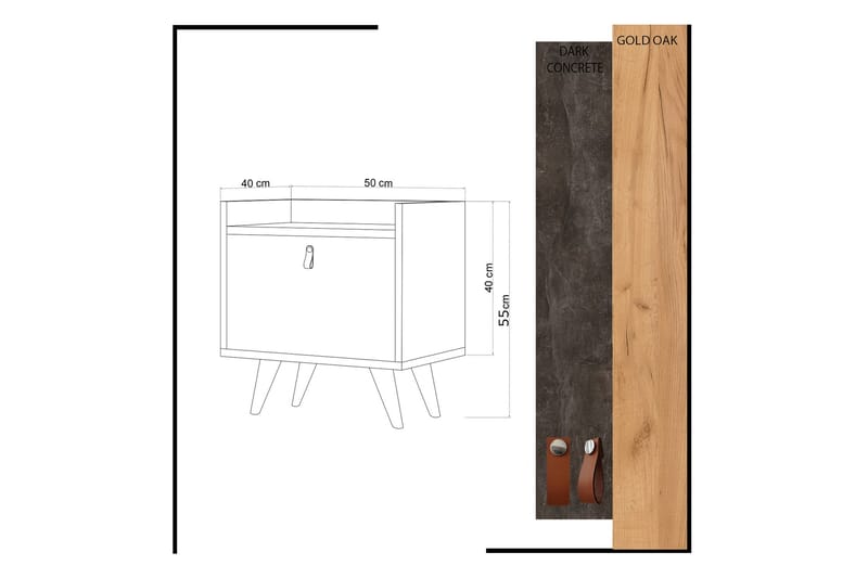 ELLINA Sängbord 50 cm med Förvaring Skåp Läderbeslag Grå/Trä - Grå/Trä - Sängbord - Bord