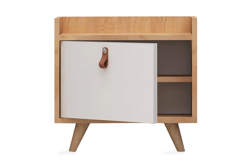 ELLINA Sängbord 50 cm med Förvaring Skåp Läderbeslag Trä/Vit - Trä/Vit - Sängbord - Bord