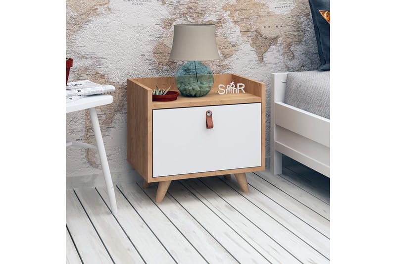 ELLINA Sängbord 50 cm med Förvaring Skåp Läderbeslag Trä/Vit - Trä/Vit - Sängbord - Bord