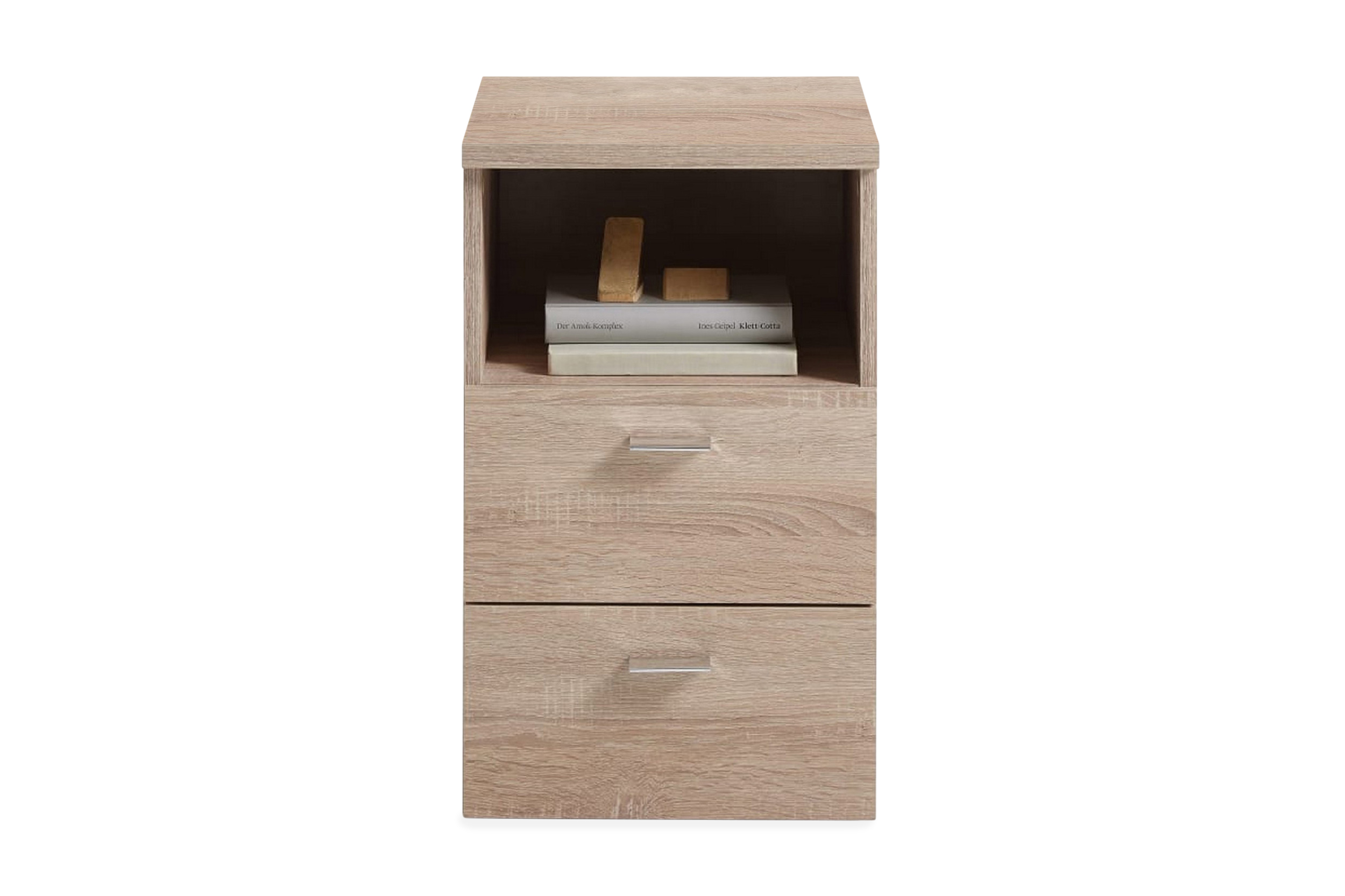 FMD Sängbord med 2 lådor och öppen hylla ek – Beige