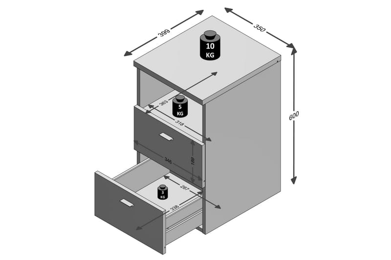 FMD Sängbord med 2 lådor och öppen hylla vit - Vit - Sängbord - Bord