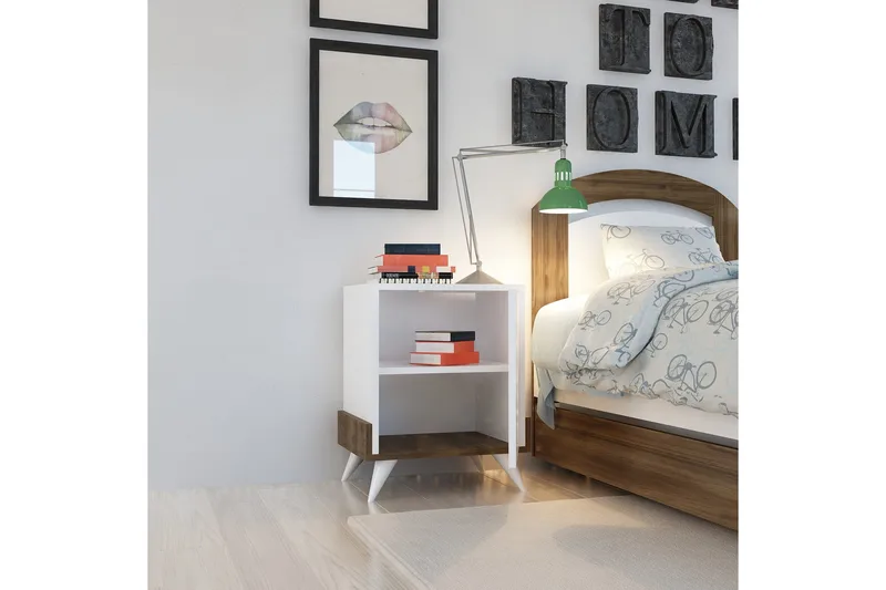 Hejde Sängbord 35 cm med Förvaring Skåp - Vit/Brun - Möbler - Sovrum - Sängbord