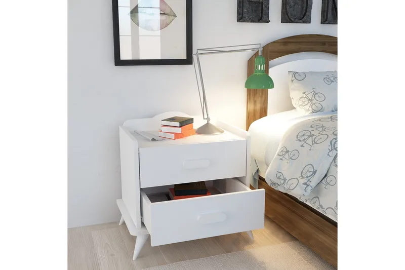 Hejde Sängbord 60 cm med Förvaring 2 Lådor - Vit - Möbler - Sovrum - Sängbord