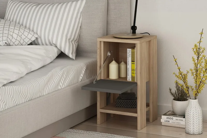 Homitis Sängbord 30 cm med Förvaring Hylla + Lucka - Ekfärg/Mörkgrå - Möbler - Sovrum - Sängbord