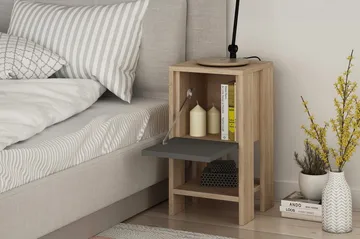 Homitis Sängbord 30 cm med Förvaring Hylla + Lucka - Ekfärg/Mörkgrå - Möbler - Sovrum - Sängbord