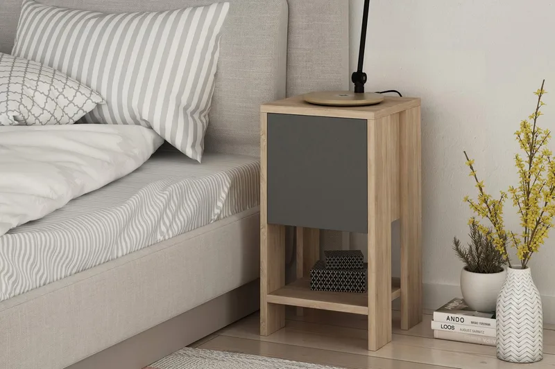 Homitis Sängbord 30 cm med Förvaring Hylla + Lucka - Ekfärg/Mörkgrå - Möbler - Sovrum - Sängbord