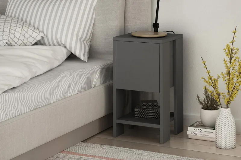 Homitis Sängbord 30 cm med Förvaring Hylla + Lucka - Mörkgrå - Möbler - Sovrum - Sängbord