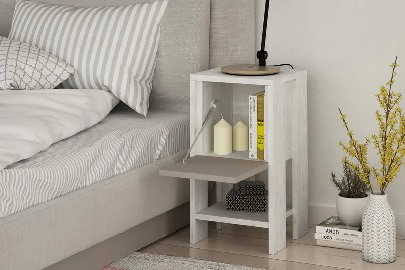 Homitis Sängbord 30 cm med Förvaring Hylla + Lucka - Vit/Trä - Möbler - Sovrum - Sängbord