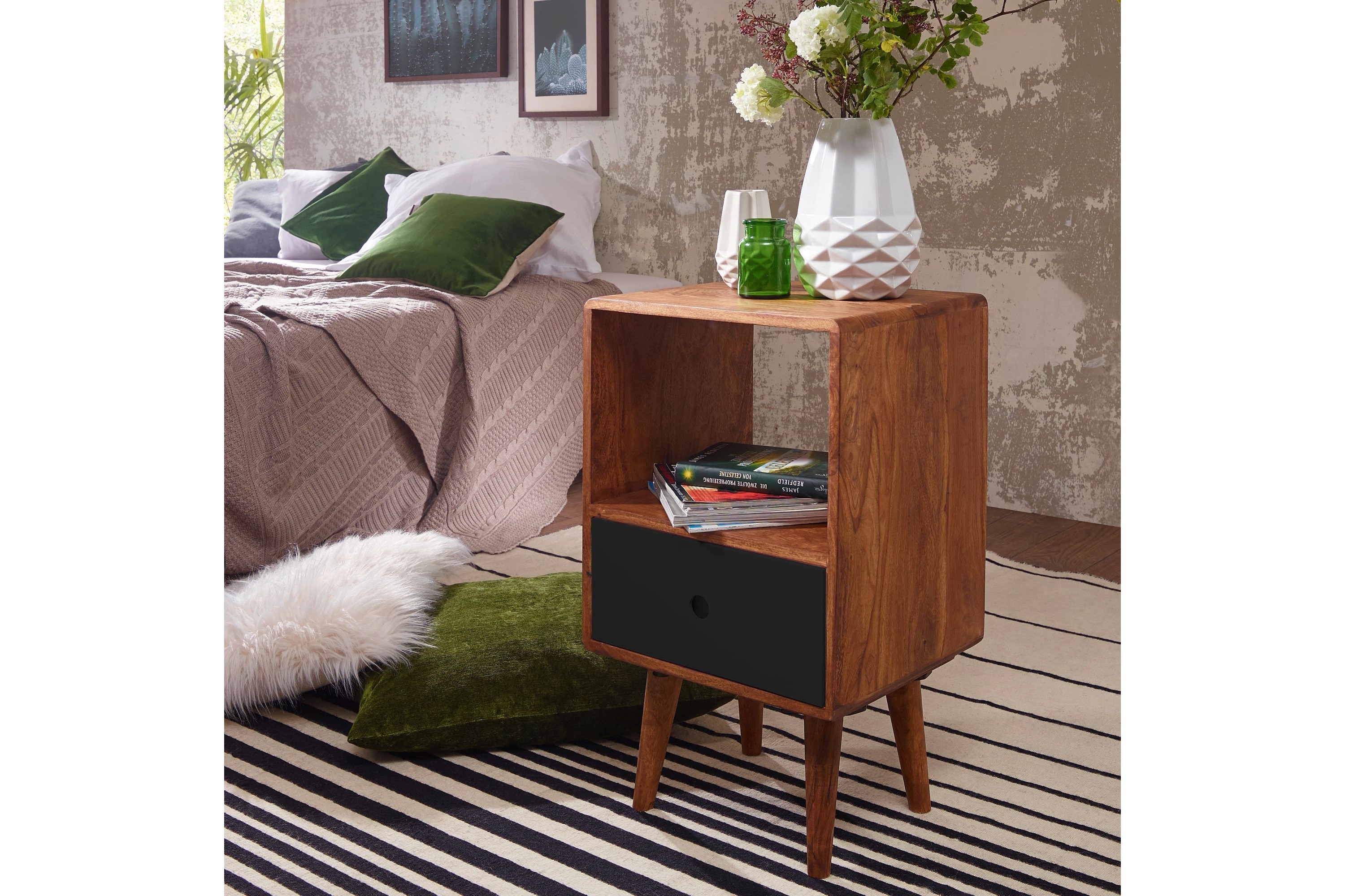 losiewski sängbord 40 cm m förvaring låda+hylla massivt trä/ -