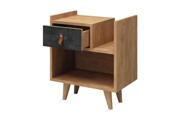 Mod Design Sängbord 50 cm med Förvaring Låda + Hylla Läderbe - Grå/Trä - Möbler - Sovrum - Sängbord