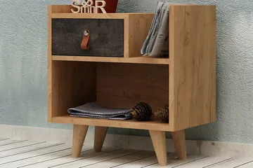 Mod Design Sängbord 50 cm med Förvaring Låda + Hylla Läderbe - Grå/Trä - Möbler - Sovrum - Sängbord