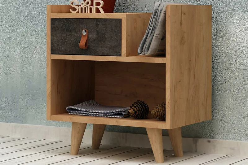 Mod Design Sängbord 50 cm med Förvaring Låda + Hylla Läderbe - Grå/Trä - Möbler - Sovrum - Sängbord